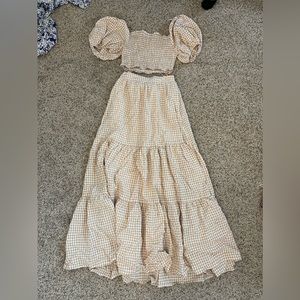 Gingham Puff-Sleeve Crop Top & Tiered Maxi Skirt Set - Cream/Tan